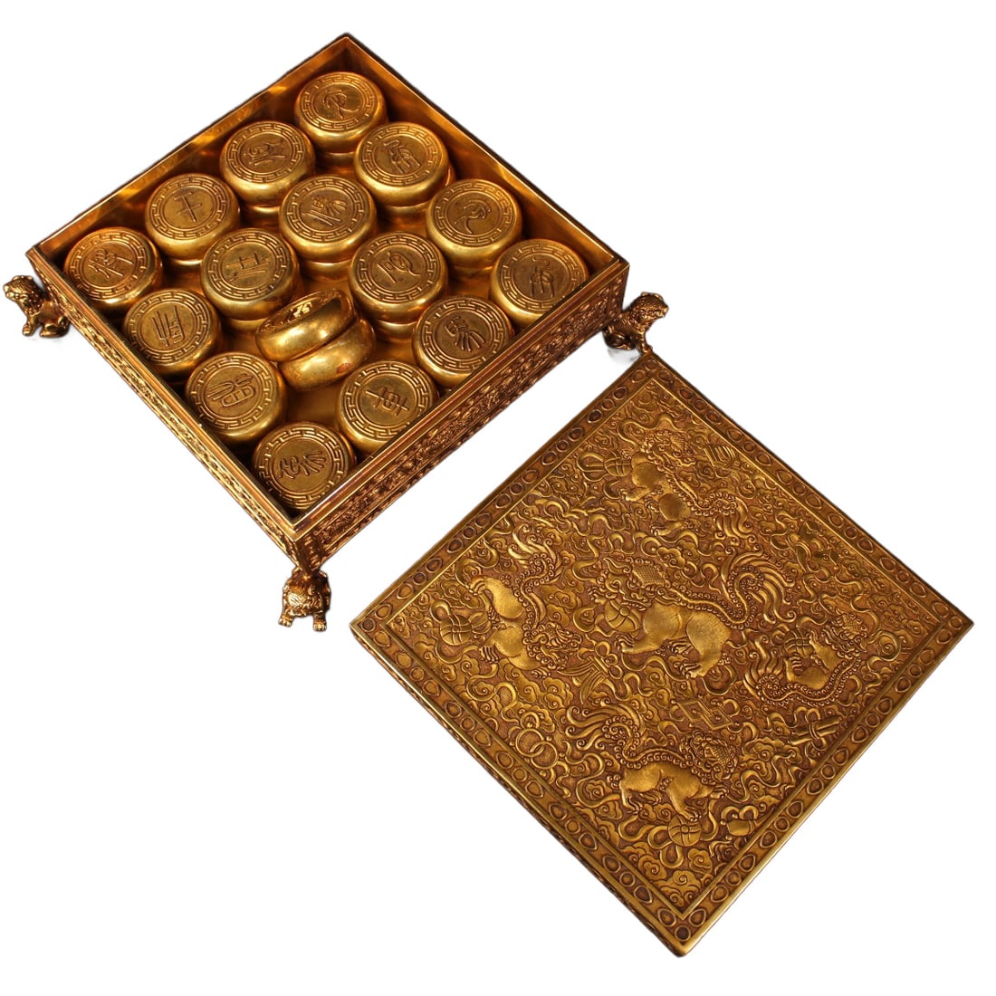 A Set Vintage Chinese Gilt Gold Copper Chess w Box: A Set Vintage Chinese Gilt Gold Copper Chess w BoxBox Dimension: 240 x 80 (mm)9.45 x 3.15 (inches) Dimension: 50 x 15 (mm) 1.97 x 0.59 (inches) Weight: 25.35 lbs/ 11500 g