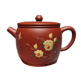 Chinese Yixing Zisha Butterfly & Flowers Design Teapot w Artist Signed