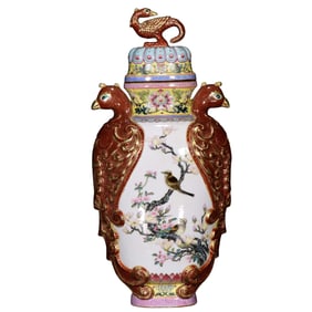 Chinese Qing Dynasty Gilt Edge Famille Rose Flowers Bird Design Porcelain Vase