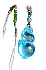 Beautiful Aquamarine Carved Gourd Pendant w Hand Woven Beads Necklace
