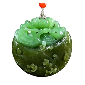 Chinese Green Hetian Jade Carved Mandarin Ducks Pendant w Hand Woven Necklace