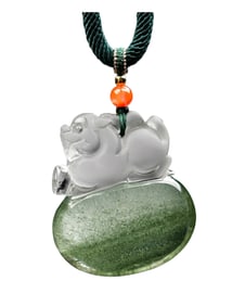 Beautiful Green Crystal Carved Fortune Pixiu Pendant w Hand Woven Necklace