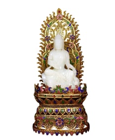 Exquisite Chinese Hetian Jade Kwan-yin Statue w Gold Wires Enamel Inlay Gem Base