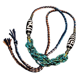 Hand Woven Tibetan Two Eye DZI Agate Lucky Pendant w Turquoise Beads Necklace