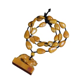 Superb Chinese Tianhuang Carved Fortune Beast Seal Pendant w Beads Necklace