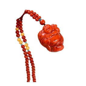 Chinese Nanhong Agate Carved Laughing Buddha Pendant w Hand Woven Beads Necklace