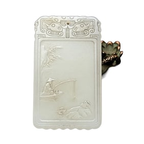 Vintage Chinese Hetian Jade Low Relief Fisherman & Boat Pendant