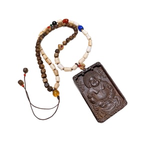 Vintage Chenxiang Wood Carved Laughing Buddha Pendant w Hand Woven Beads Necklace