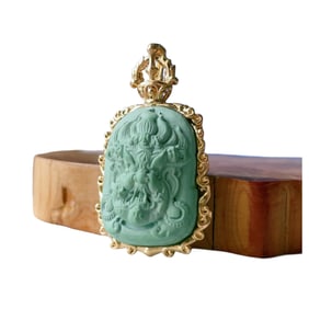 Exquisite 18K Gold Inlay Turquoise Carved Mahakala Pendant