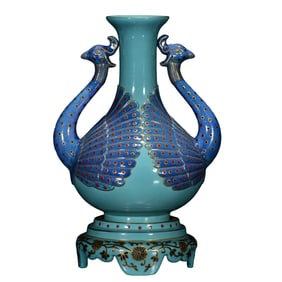 Chinese Qing Dynasty Gilt Edge Turquoise Glaze Peafowl Porcelain Vase