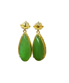 Chinese Silver Plated Gilt Gold Inlay Green Hetian Jade Earring