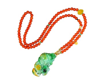 Exquisite Jadeite Carved Fortune Pixiu Pendant w Red Jadeite Beads Necklace