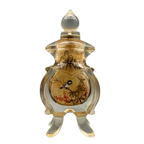 Old Chinese Peking Glass Inside Painting Flowers Bird Design Snuff Bottle w Stopper