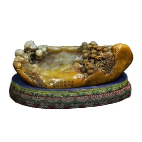 Vintage Chinese Tianhuang Carved Pine Tree & Peach Writing-Brush Washer Statue