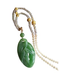 Chinese Green Hetian Jade Carved Fortune Bamboo Pendant w Hand Woven Crystal Beads Necklace