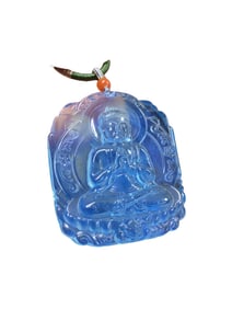 Beautiful Aquamarine Carved Siddhartha Buddha Pendant w Hand Woven Necklace