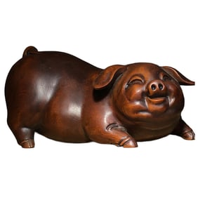 Vintage Chinese Boxwood Wood Carved Fortune Pig Statue