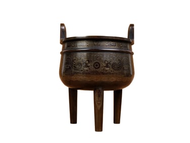 Vintage Chinese Copper Inlay Silver Wires 3 Legs Double Ear Incense Burner