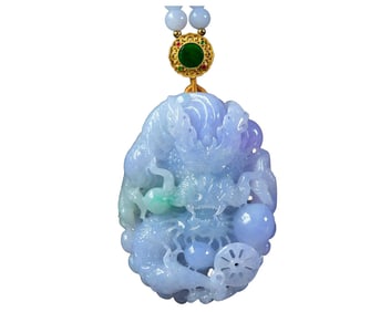 Exquisite Jadeite Carved Fortune Dragon Pendant w Hand Woven Beads Necklace