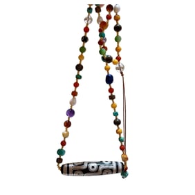 Old Tibetan DZI Agate Inlay Silver Wires Lucky Pendant w Hand Woven Beads Necklace
