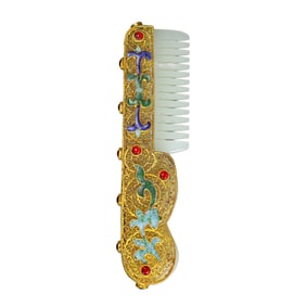 Exquisite Chinese Gold Wires Enamel Inlay Hetian Jade Comb Statue
