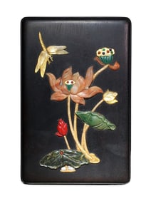 Vintage Chinese Zitan Wood Inlay Shoushan Stone Lotus Leaf & Lotus Flower Jewellery Box