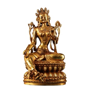 Tibetan Buddhism Gilt Gold Copper Tara Statue