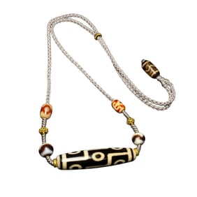 Old Tibetan Nine Eye DZI Agate Lucky Pendant w Hand Woven Necklace