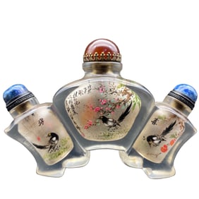 Chinese Peking Glass Inside Painting Plum Flower & Magpie Design Conjoined Snuff Bottle
