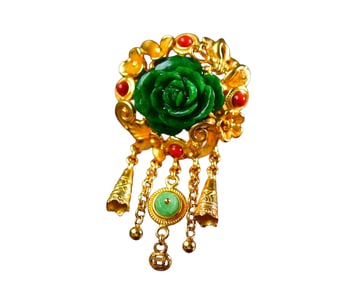 Exquisite Gilt Gold 925 Silver Inlay Green Jadeite Carved Peony Pendant