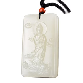 Chinese Hetian Jade Low Relief Kwan-yin Pendant
