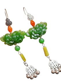 A Pair Chinese 925 Silver Inlay Green Hetian Jade Carved Peony Earrings