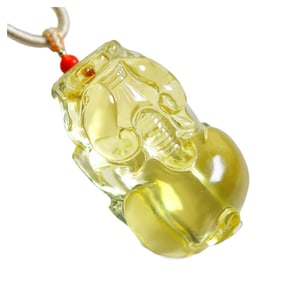 Beautiful Yellow Crystal Carved Fortune Pixiu Pendant w Hand Woven Necklace