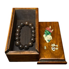Hand Woven Vintage Chenxiang Wood Beads Bracelet w Huali Wood Inlay Shell Box