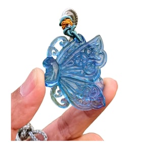Beautiful Aquamarine Carved Butterfly Pendant w Hand Woven Beads Necklace