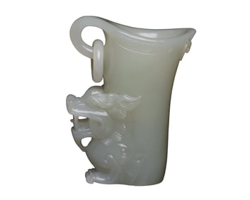 Superb Chinese Hetian Jade Carved Fortune Dragon Wine Cup