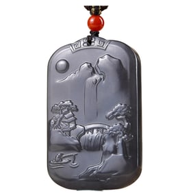 Chinese Hetian Jade Low Relief Mountain River Scene Pendant w Certificate