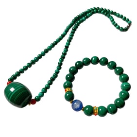 A Pair Beautiful Malachite Beads Pendant & Bracelet
