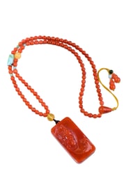 Chinese Nanhong Agate Carved Kwan-yin Pendant w Hand Woven Beads Necklace