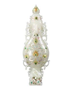 Superb Chinese Gilt Gold Silver Hetian Jade Inlay Turquoise Vase w Lid: Superb Chinese Gilt Gold Silver Hetian Jade Inlay Turquoise Vase w LidDimension: 280 x 95 x 50 (mm)11.02 x 3.74 x 1.97 (inches) Weight: 2.03 lbs/ 922 g
