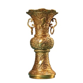 Vintage Chinese Gilt Gold Copper Low Relief Crane Design Vase
