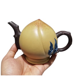 Chinese Yixing Zisha Clay Peach Teapot w Artist Signed