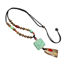 Openwork Jadeite & Chenxiang Wood Pendant w Beads Necklace