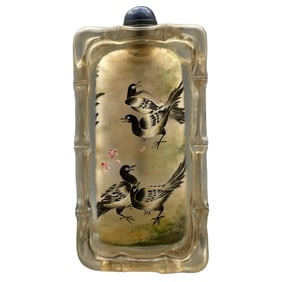 Old Chinese Peking Glass Inside Painting Bird Design Snuff Bottle w Stopper