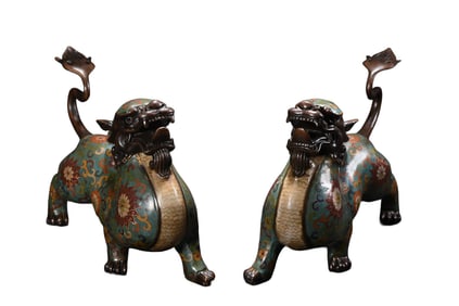 A Pair Vintage Chinese Gilt Gold Copper Cloisonne Divine Beast Statues