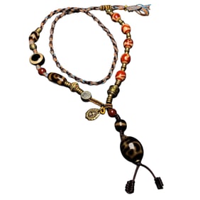 Hand Woven Tibetan DZI Agate Lucky Pendant w Beads Necklace