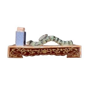 Chinese Qing Dynasty Grouper Glaze Fortune Bamboo & Cicada Porcelain Brush Pen Shelf