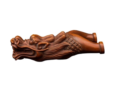 Vintage Chinese Boxwood Wood Carved Fortune Dragon Slingshot Statue