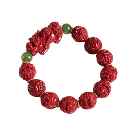 Chinese Cinnabar Carved Fortune Pixiu Beads Bracelet