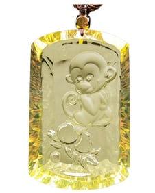 Exquisite Yellow Crystal Carved Monkey Pendant w Hand Woven Necklace